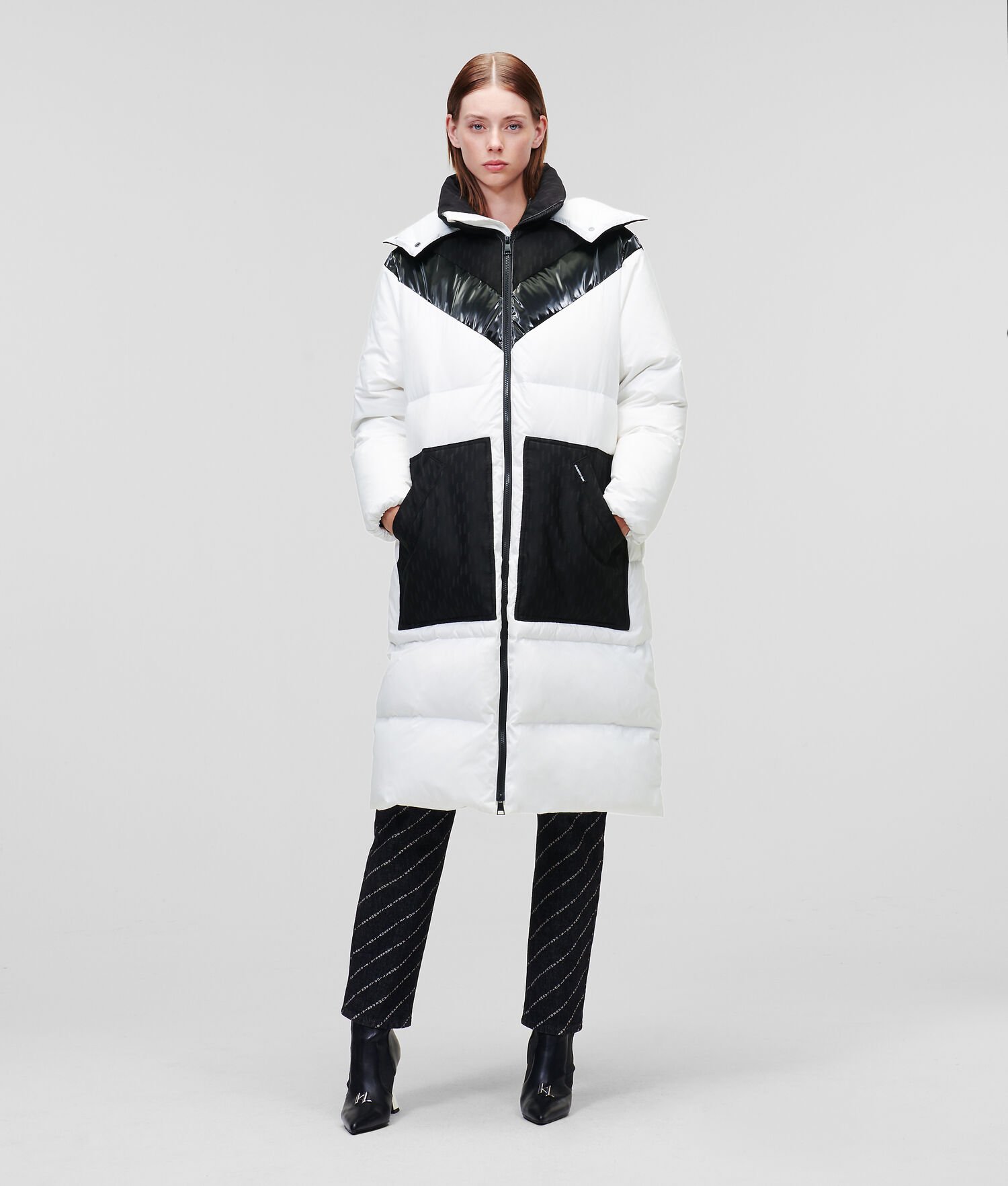 White / Black Women\'s Karl Lagerfeld Longline Hooded Down Coats | AE761NWEF