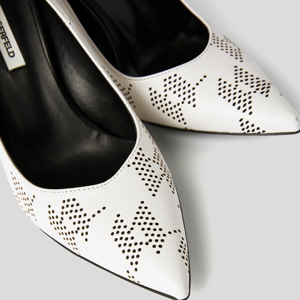 White / Black Women's Karl Lagerfeld Panache Perforated Court Shoes High Heels | AE539TVYQ