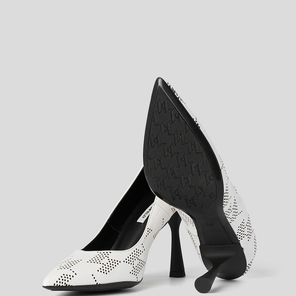 White / Black Women's Karl Lagerfeld Panache Perforated Court Shoes High Heels | AE539TVYQ