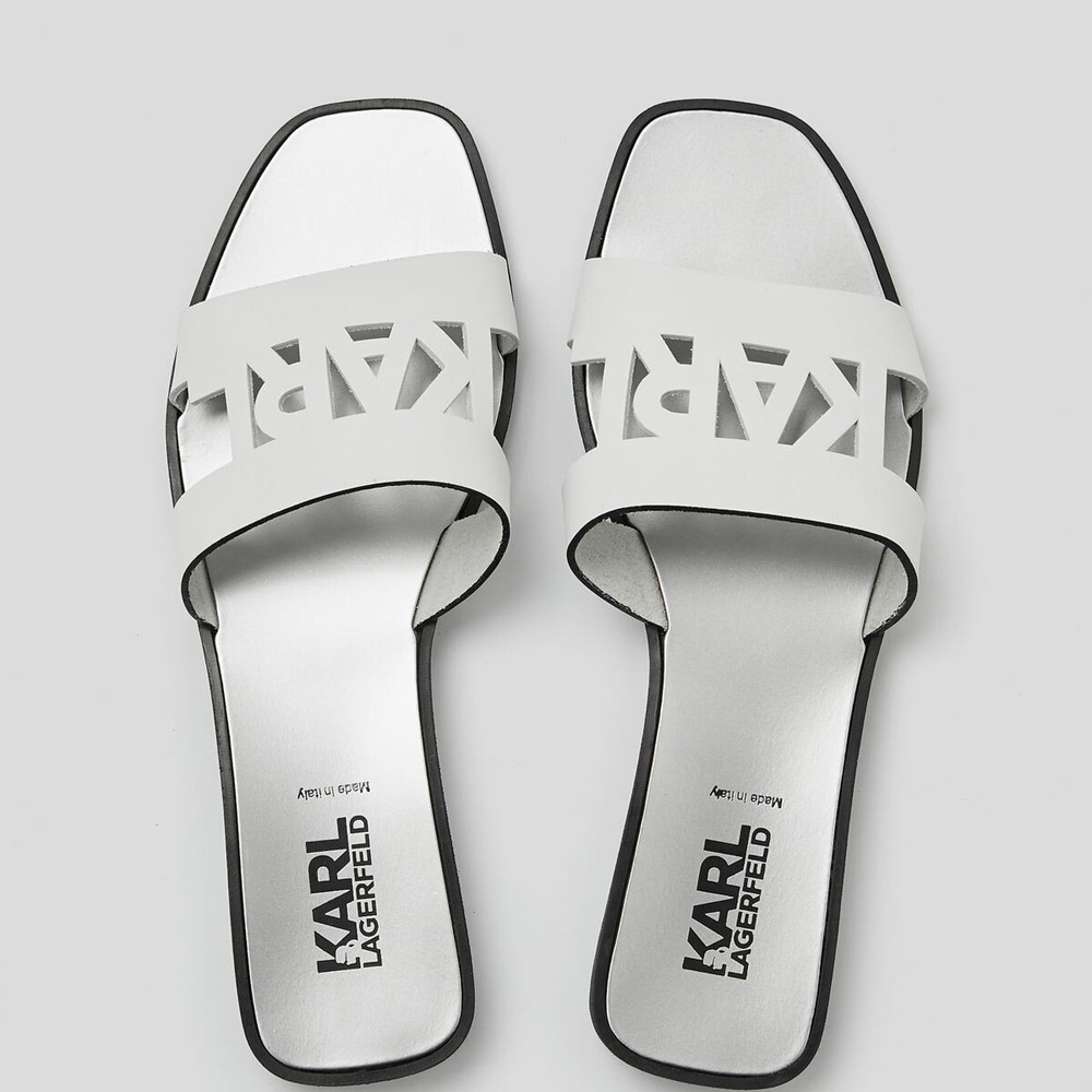 White / Silver Women's Karl Lagerfeld Skoot Ii Karl Kut-out Sandals & Flats | AE826RBDH