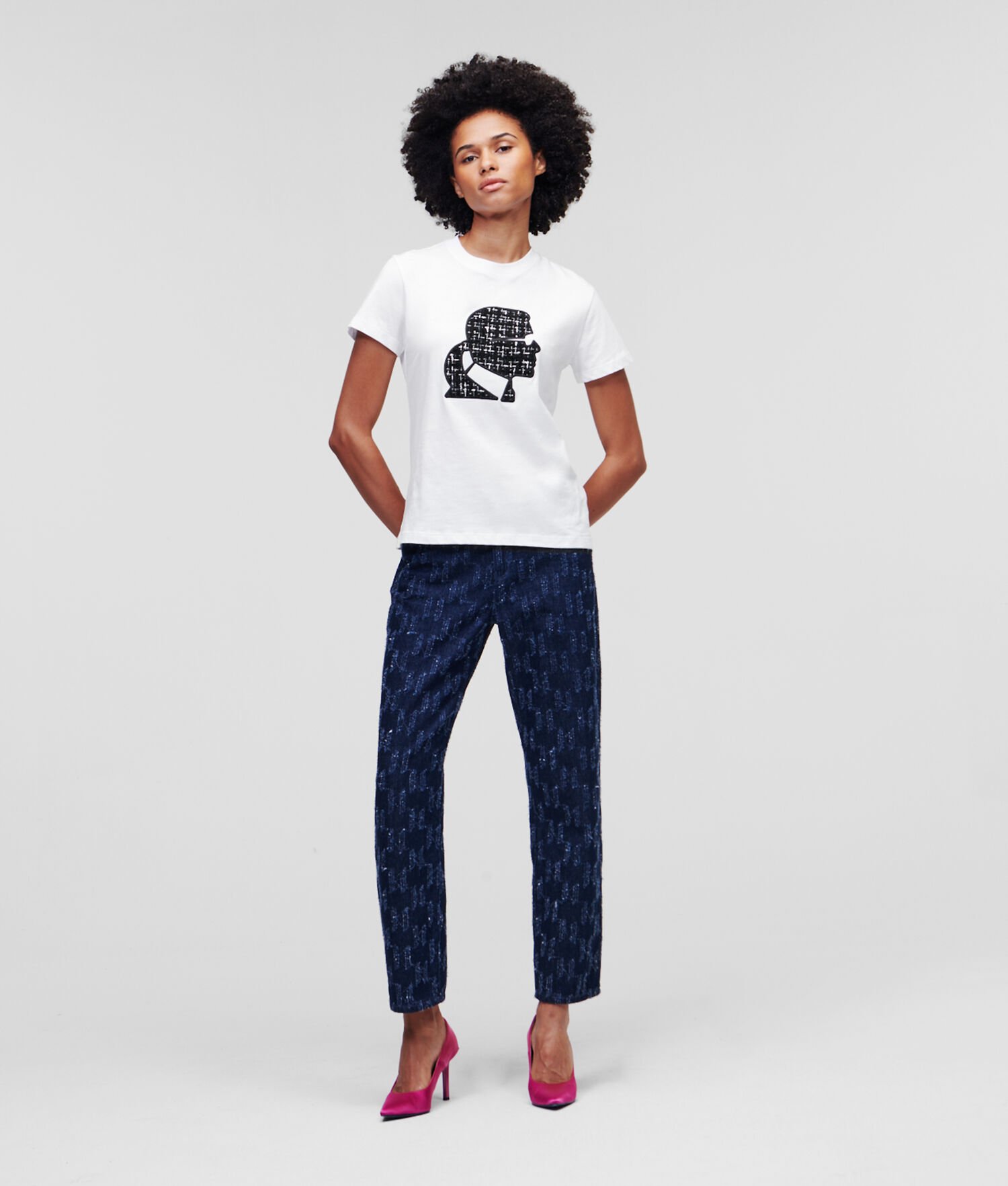 White Women's Karl Lagerfeld BOUCLÉ Karl Profile T-Shirts | AE587HRTN