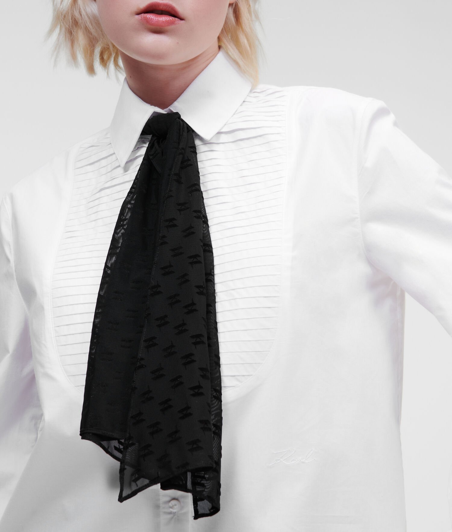 White Women's Karl Lagerfeld Bib With Kl Monogram Necktie Blouses | AE049CTOE