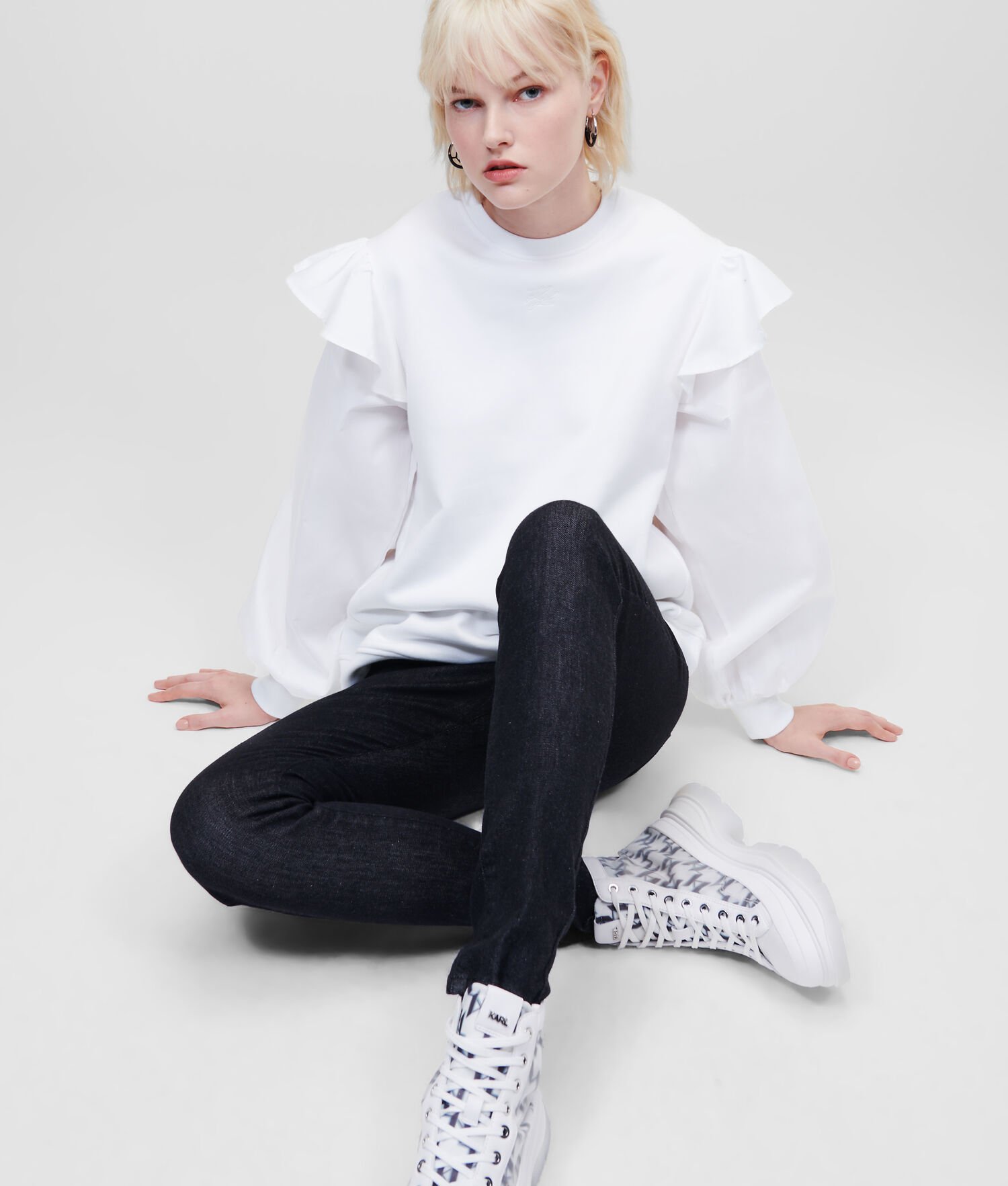 White Women's Karl Lagerfeld Fabric Mix Sweatshirts | AE910MJGO