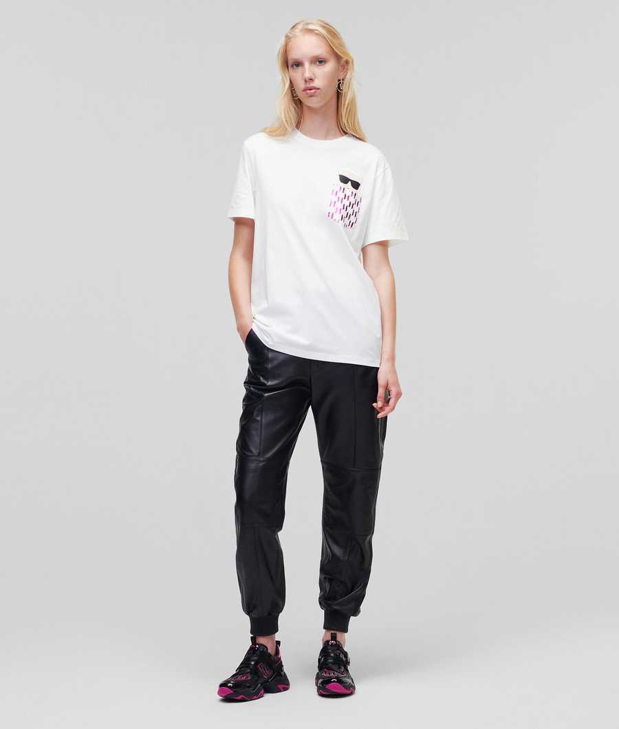 White Women's Karl Lagerfeld Ikonik Karl Metallic Monogram Pocket T-Shirts | AE489MXJU