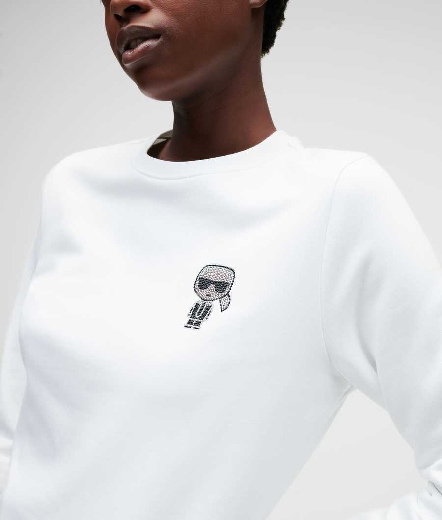 White Women's Karl Lagerfeld Mini Ikonik Karl Rhinestone Sweatshirts | AE487AMHV