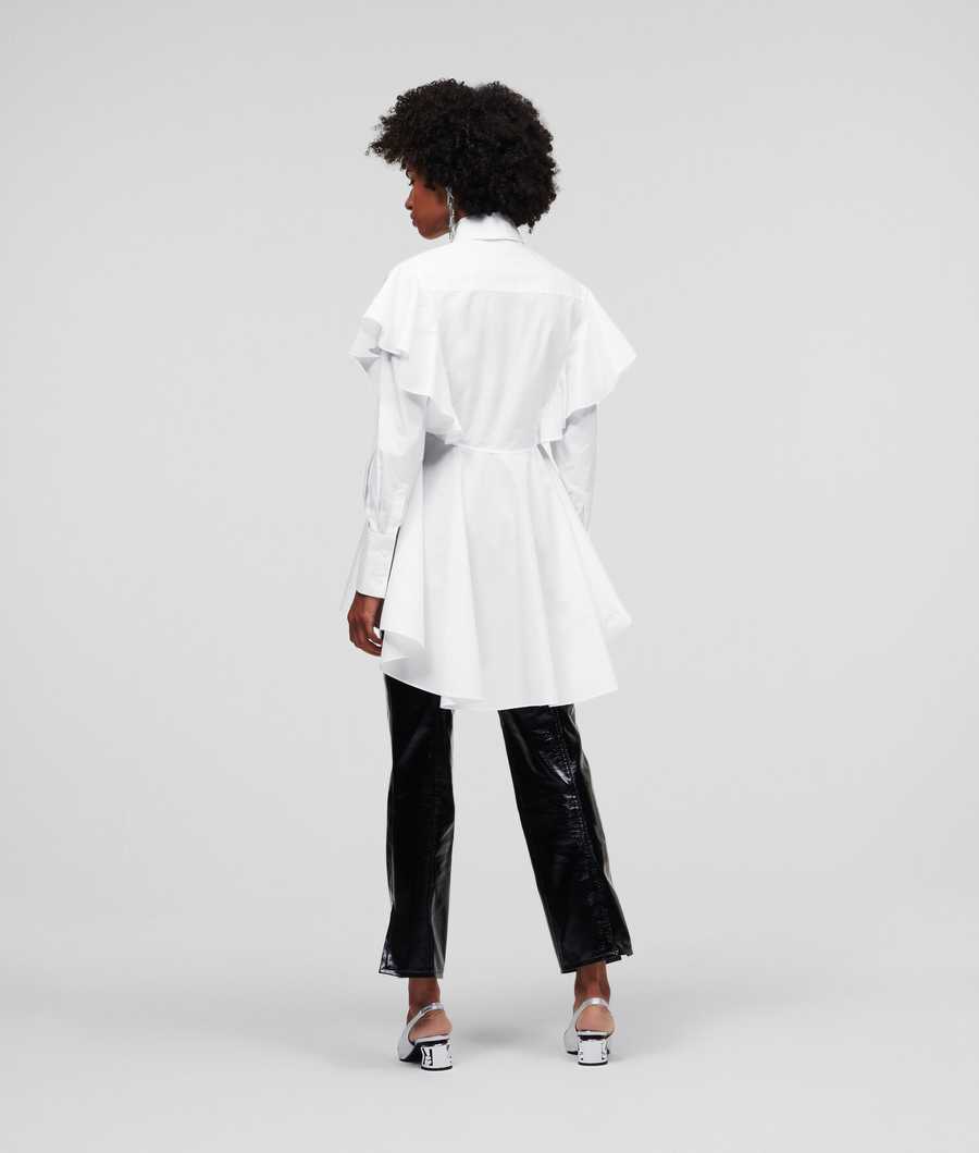 White Women's Karl Lagerfeld Ruffle Detail Poplin Blouses | AE195RVDY