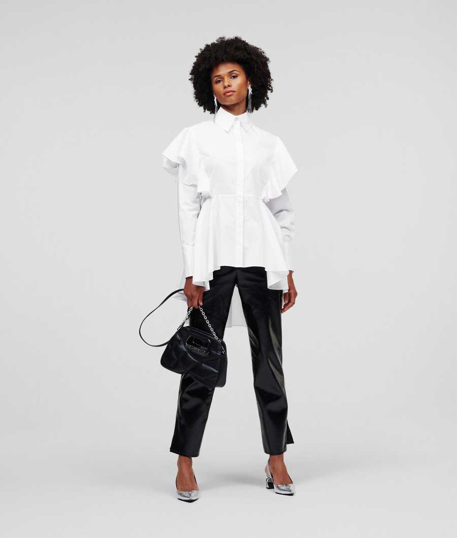 White Women's Karl Lagerfeld Ruffle Detail Poplin Blouses | AE195RVDY