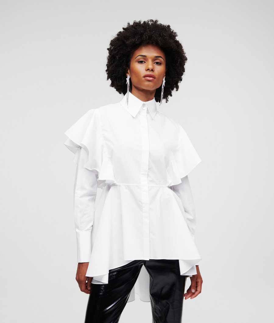 White Women\'s Karl Lagerfeld Ruffle Detail Poplin Blouses | AE195RVDY